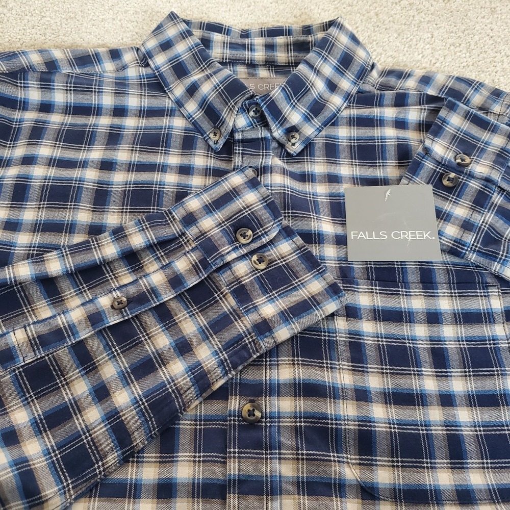 Falls Creek Men's Shirt Size Medium Blue Plaid Long Sleeve Button Down NWTG